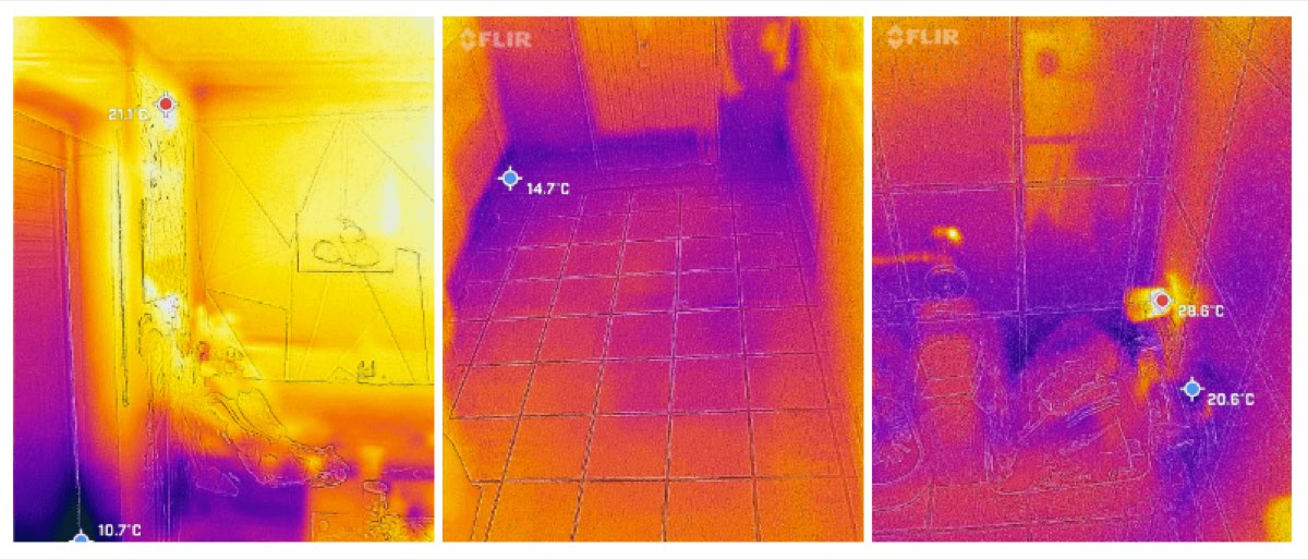 Leckageortung Büdingen: drei Wärmebildaufnahmen mit Temperaturwerten, die feuchte Stelle zeichnet sich als kühlerer Bereich ab