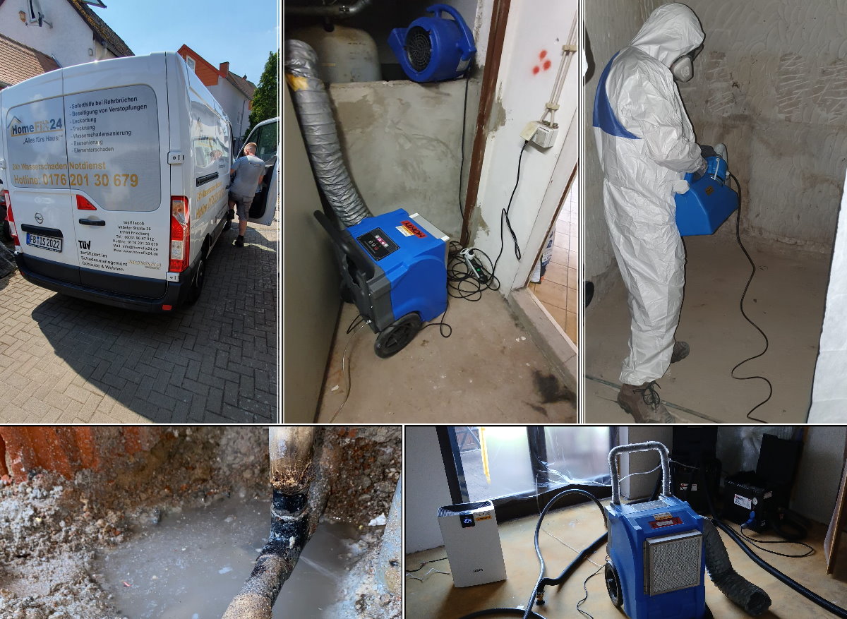 HomeFix24 Einsatzfahrzeug, Bautrockner und Desinfektion im Einsatz nach einem Wasserschaden