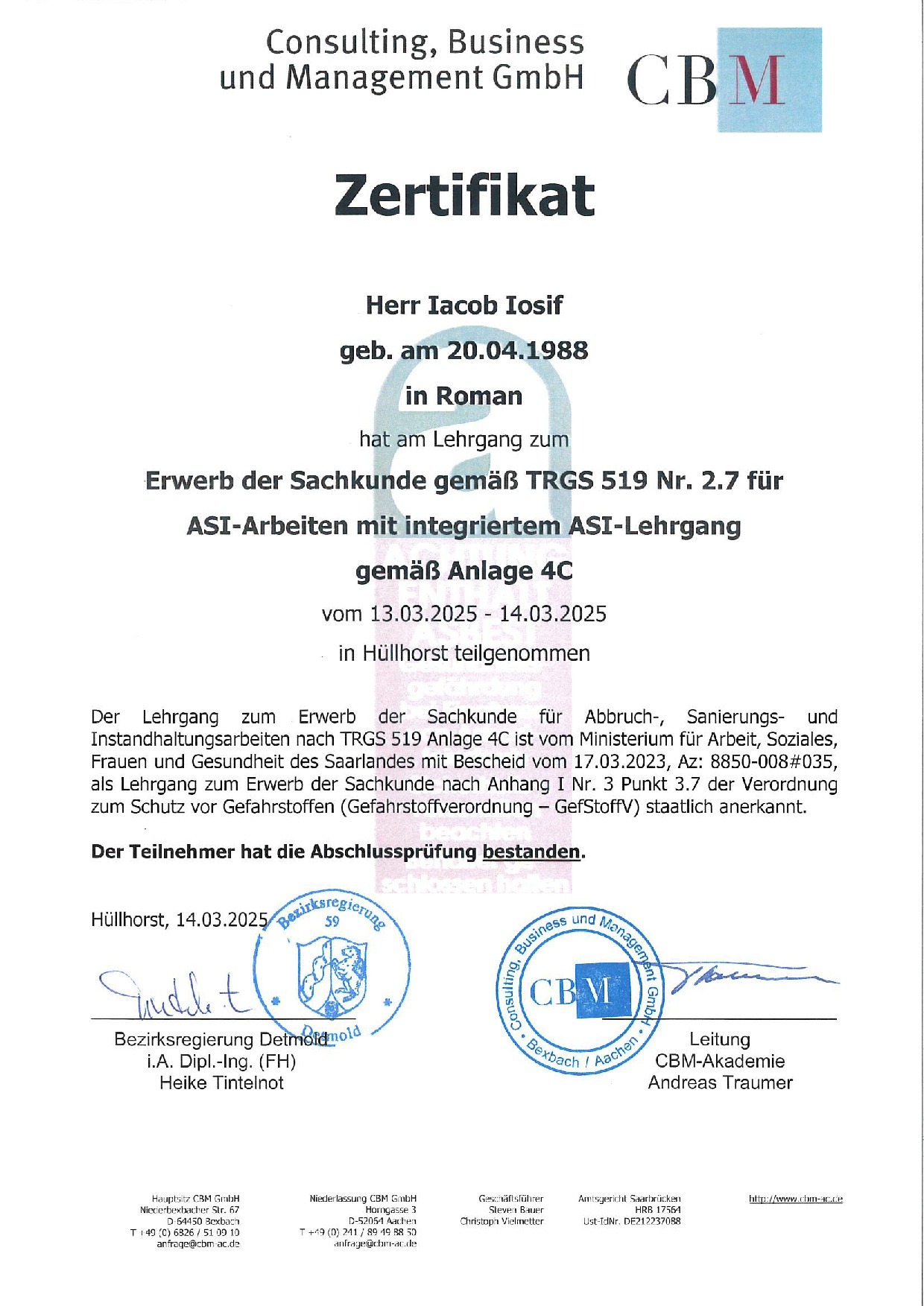 Sachkundenachweis nach TRGS 519 für Arbeiten mit asbesthaltigen Materialien