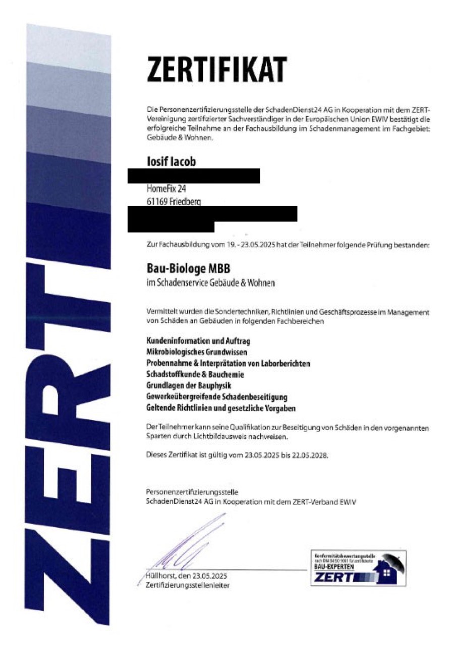 ZERT-Zertifikat: Iosif Iacob als Bau-Biologe MBB im Schadenservice Gebäude und Wohnen, gültig bis 22.05.2028