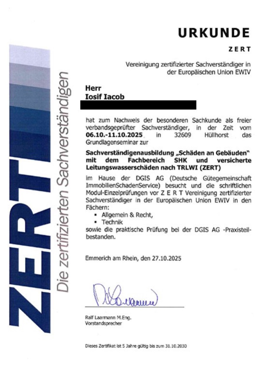 ZERT-Urkunde: Iosif Iacob als verbandsgeprüfter Sachverständiger für Schäden an Gebäuden, Fachbereich SHK und versicherte Leitungswasserschäden nach TRLWI, gültig bis 31.10.2030