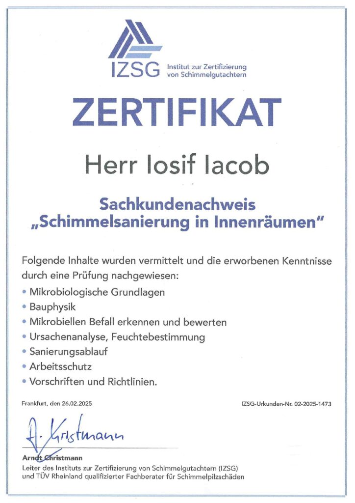 Zertifikat für professionelle Schimmelsanierung, ausgestellt auf Iosif Iacob
